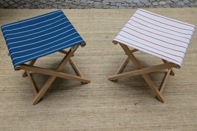 Outdoor Market Folding Stool, Beige with red Stripe und Blue with Beige Stripe